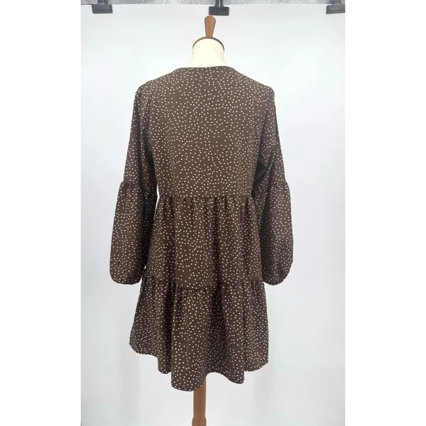 Baby Doll Polka Dot Tiered Midi Dress Brown Cream Balloon Sleeves Boho Western S - Image 2