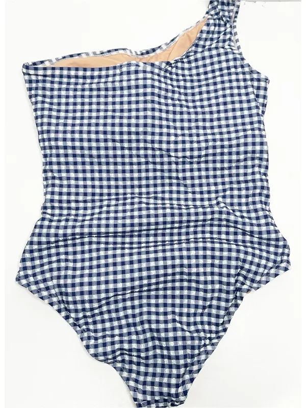 J. Crew New! Sleek Ruched Gingham One-Shoulder One-Piece Swimsuit Size 16 - Image 3