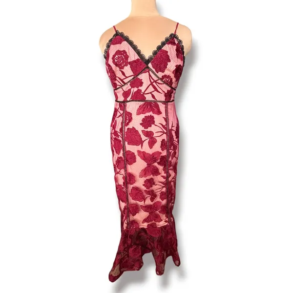 Lulus Alluring Dream Burgundy Floral Mesh Lace Trumpet Midi Dress Large Romantic - Image 13
