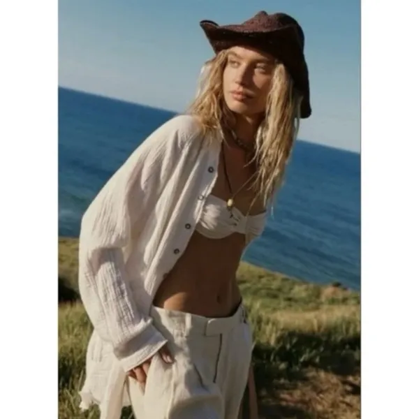 Free People Summer Daydream Buttondown Top in Ivory Size Small Gauze Oversized - Image 11