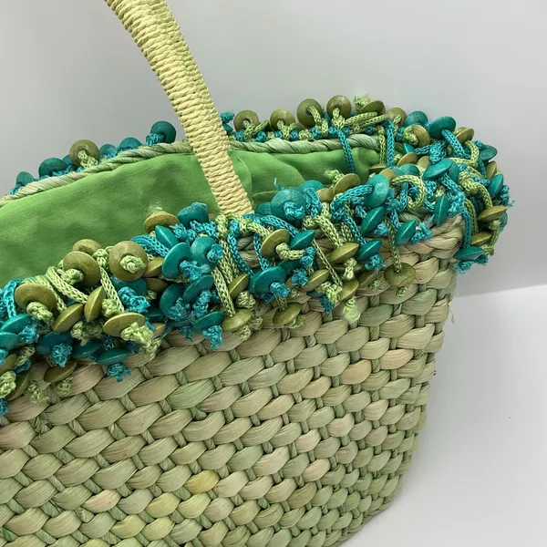 Woven straw tote bag with decorative trim and handles - Image 5
