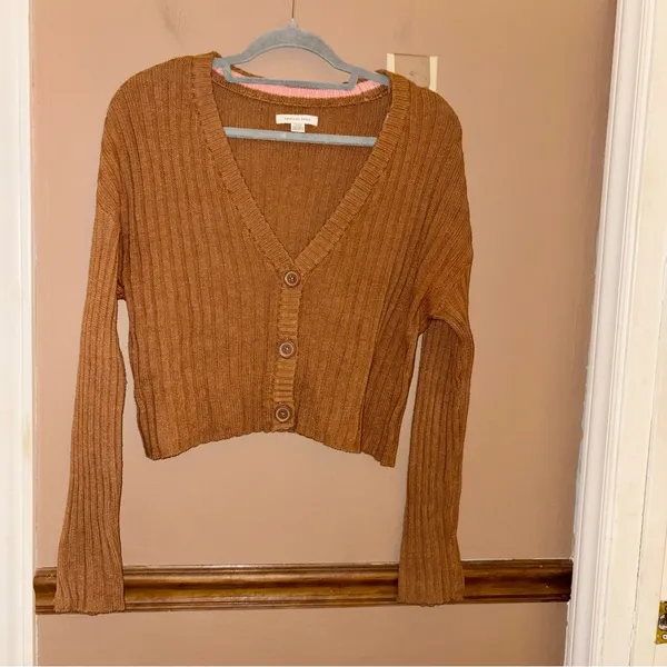 American eagle‎ ribbed cropped boxy button up cardigan brown size small - Image 3