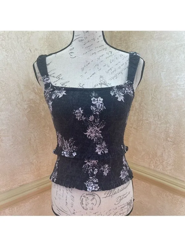 Free People Intimately Hannah Black Floral Print Smocked Cami Top Sz Large New - Image 3