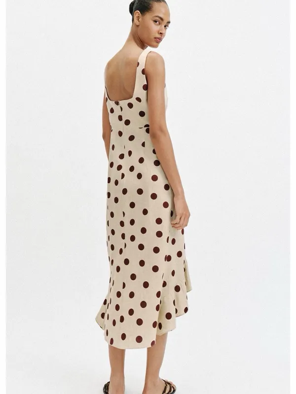 Zara Cream Dress with Brown Polka Dots and Ruffle High-Low Hem - Image 5