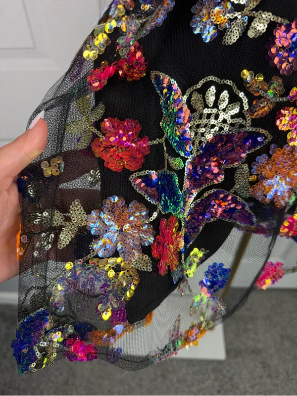 Impressions 1X Black Multicolor Floral Sequin Fit & Flare Mini Skirt NWOT - Image 4