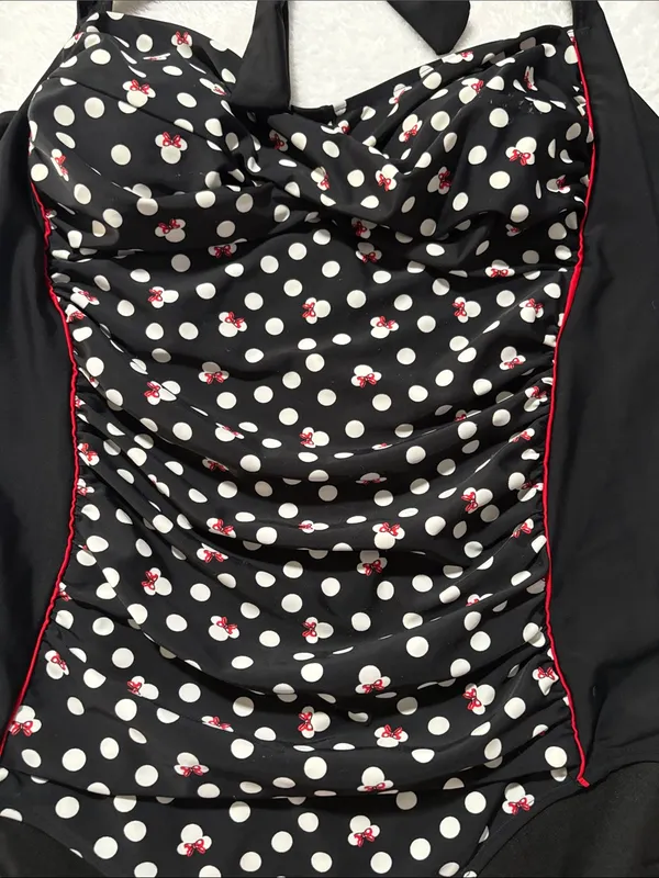 Disney Parks XL Minnie mouse Black Polka Dot Halter One-Piece Swimsuit Red Trim - Image 2