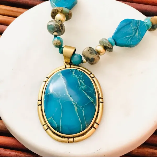 Coldwater Creek Faux Turquoise & Glass Bead Corded Necklace - Image 3