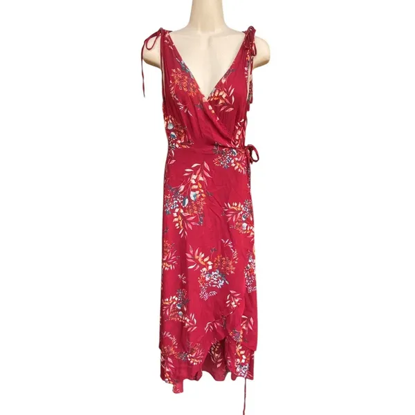 Lulus Amal Floral Wrap Maxi Dress M Burgundy V-Neck Hi-Low Summer Party Wedding - Image 5
