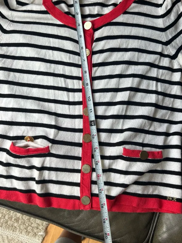 Morgan de toi France Striped Black and White Sweater Cardigan with Red Trim - Image 7
