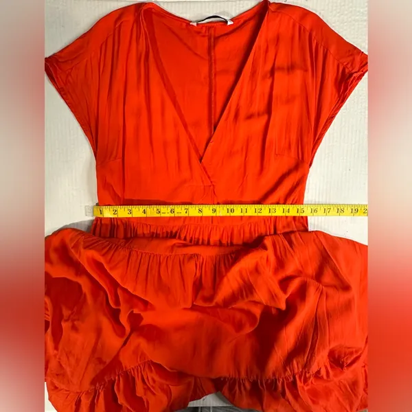 Zara‎ Tiered Midi Dress Short Sleeve V-neck Wrap Flounced Hem Red/ Orange XS - Image 9