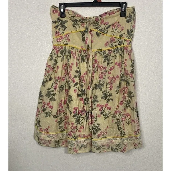 Hazel Strapless Floral Sundress Yellow Pink Green L 100% Cotton Lace Bow Ruffle - Image 15