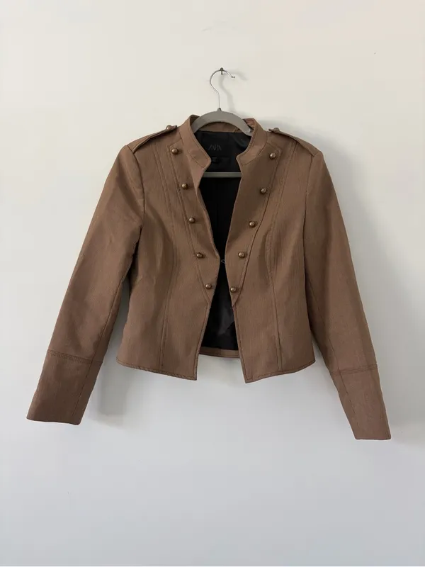 ZARA Buttoned Short Military Style Cropped Blazer Jacket Brown Vigore M - Image 2