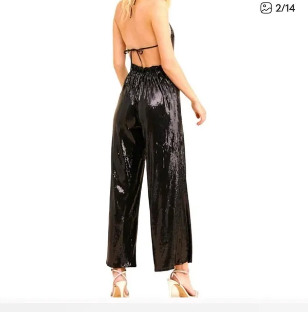 Elwood wide leg halter sequined black jumpsuit - Image 6