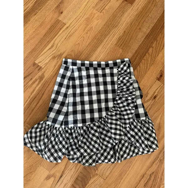 J Crew Skirt Womens 2 Black White Gingham Mini Asymmetric Ruffle Wrap A‎ Line - Image 2