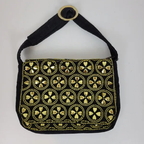 Vintage Retro Womens Bag Black Gold Beaded Studded Corduroy Purse Hong Kong - Image 14