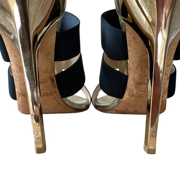 Jimmy Choo Dario Black Ladder Strap‎ Gold Heel Sandals Size US 8, IT 38 - Image 10