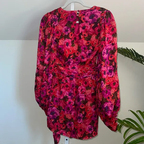 For Love & Lemons‎ Lauren Long Sleeve Mini Dress Size XS Hot Pink Floral - Image 6
