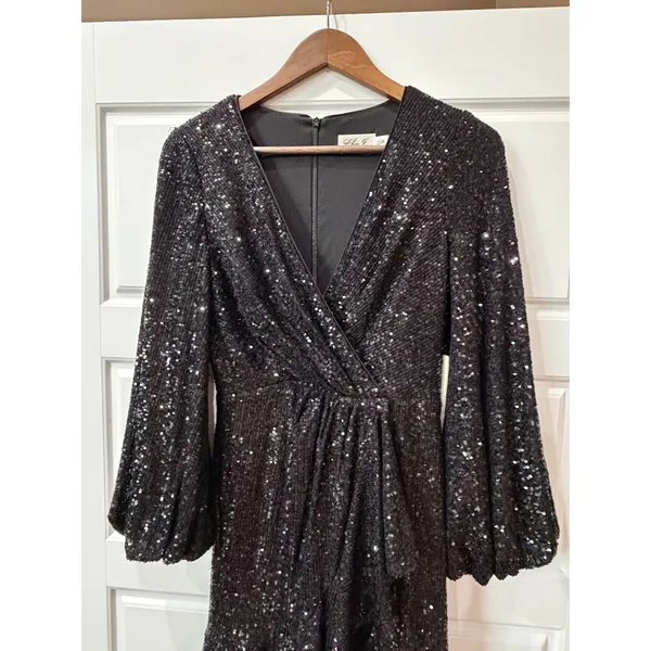 Eliza J Black Sequin Long‎ Sleeve Mini Wrap Dress Size 4 Glam Party Holiday - Image 3