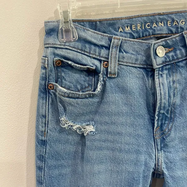 American Eagle Jeans Blue 90's‎ Low Rise Skinny Kick Distressed Sz 00 - Image 3