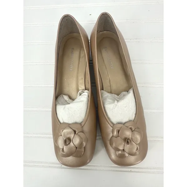 Vtg Karen Scott Floral Flats Women 7.5 Gold Leather Low Heel Dress Shoes Comfort - Image 3