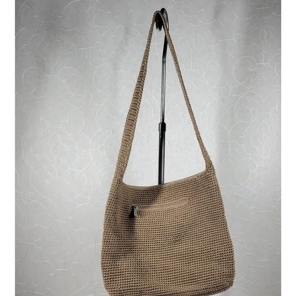Vintage Sak Crochet Shoulder Bag 10" Dark Tan Nylon Ladies Handbag Pockets - Image 13