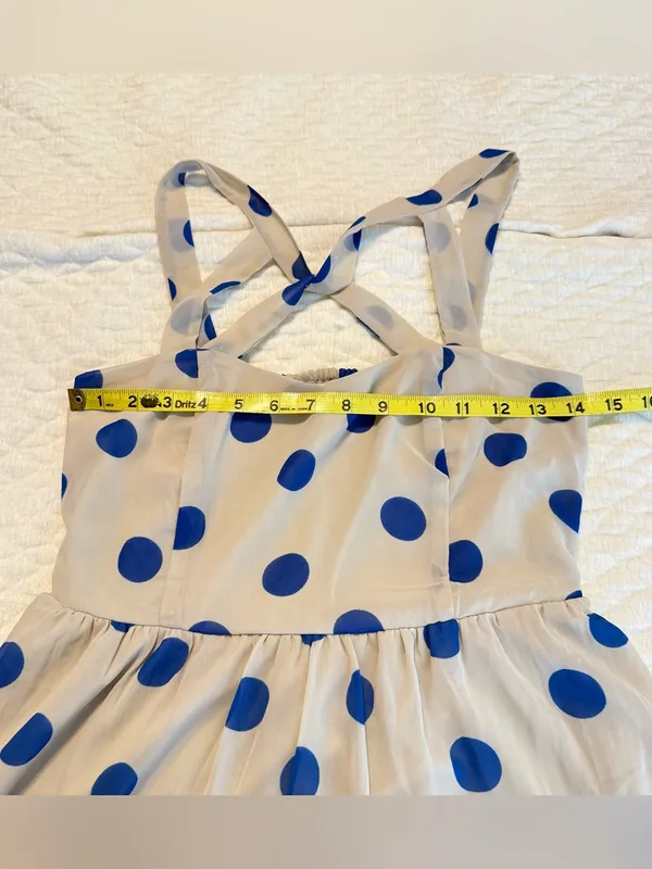 Lottie & Holly Polka Dot Fit & Flare Dress Size 8 Beige Blue Criss Cross Straps - Image 10