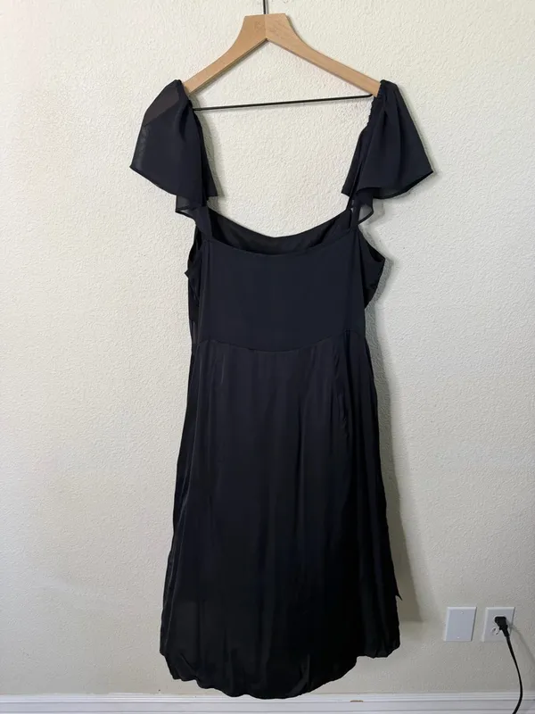 Anthropologie Sheer Flutter Sleeve Dress Silky Satin Black Women’s Size 16 - Image 6