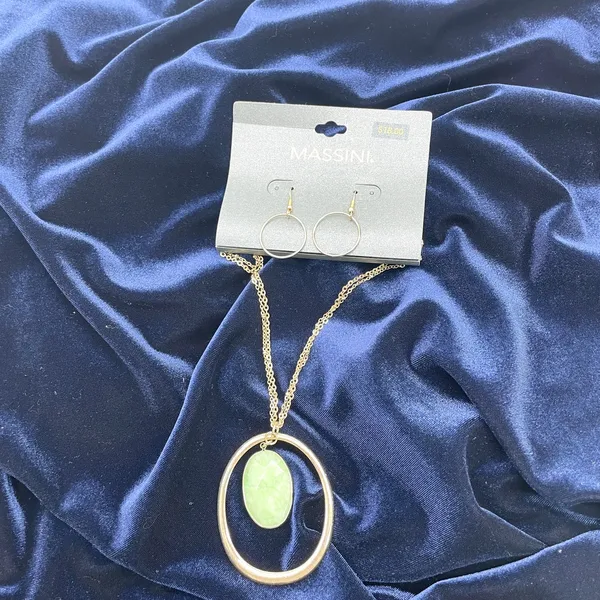 Massini Womens Necklace Earrings Set Green‎ Stone Gold Boho Statement Jewelry - Image 7