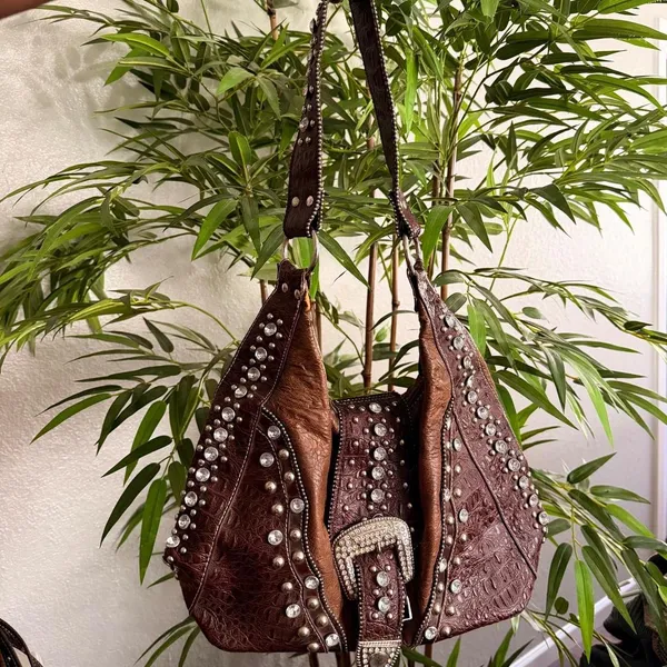 Y2K 2000s Western Cowgirl Mcbling Bimbo Goth Rhinestone Large Buckle Hand Shoulder Hobo Bag Purse Preppy bedazzled silver studs brown #whimsygoth #grunge #punk #stagecoach #streetwear festival Measurement in pics Some distressing as pictured - Image 2