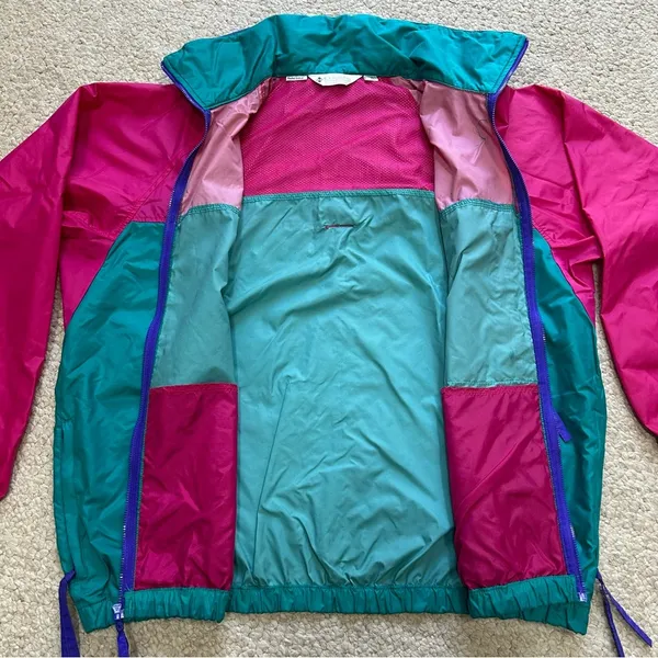 Vintage Columbia Windbreaker Jacket Green Pink Zip Up Hood Women Size XL - Image 6