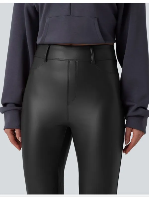 HALARA Black Faux-Leather High Waist Fleece Lined Flare Pants Small (4/6) - Image 4