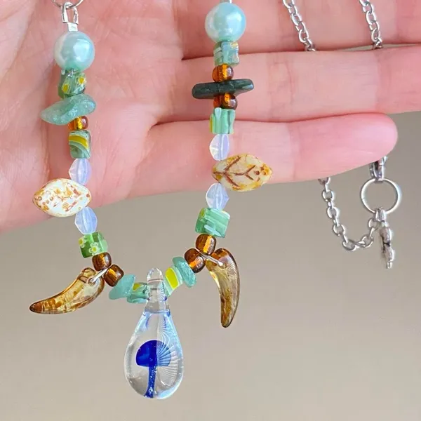 Handmade unique fairy nature boho vintage style quality Czech glass beads mix mushroom pendant necklace💚🍄🐞 - Image 2