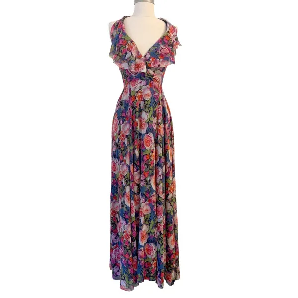 Fuzzi Floral Mesh Halter‎ Maxi Dress XS Romantic Ruffle Wedding Guest Italy $650 - Image 2