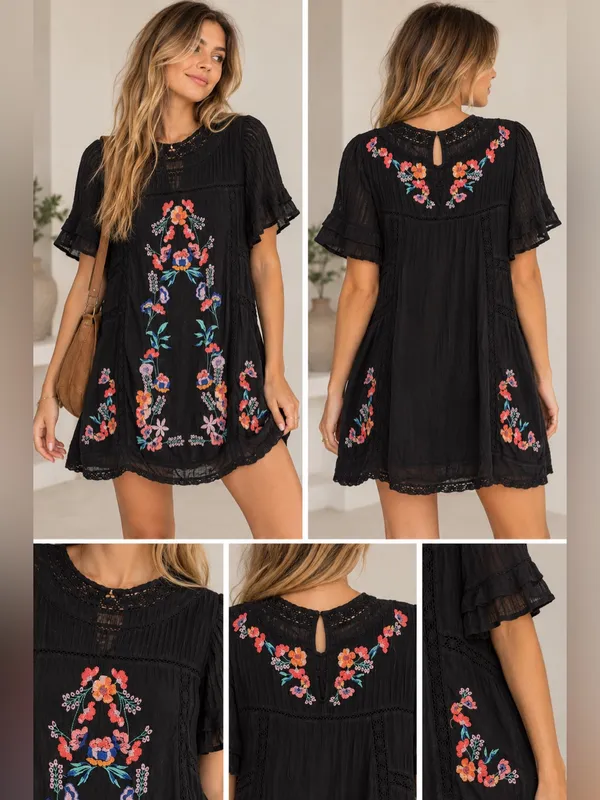 Free People Perfectly Victorian Embroidered Mini Dress Black Floral Size Small - Image 2