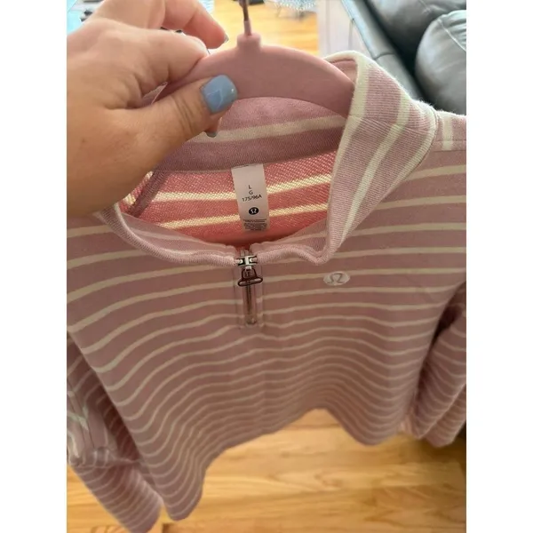 Lululemon Cotton French Terry Cropped Half Zip in the Yachtie Stripe Pink Haze L - Image 4