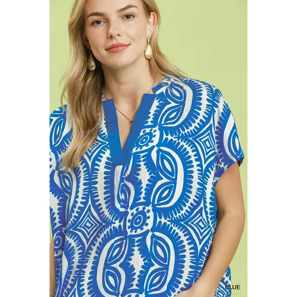 Umgee Geometric Print V-Neck Short Sleeve Top - Large - Image 4