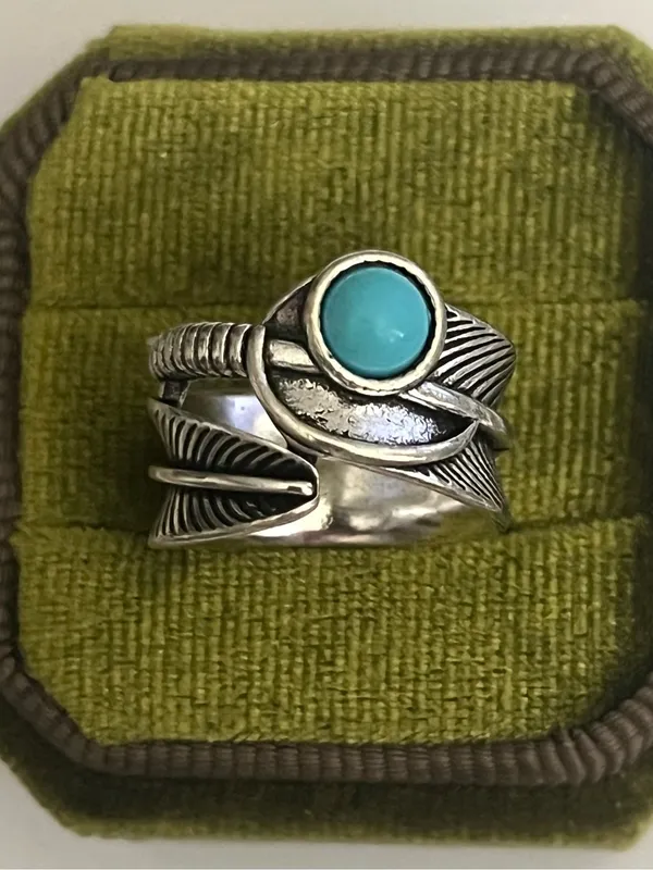 Turquoise Stone Silver Feather Wrap Ring - Image 2