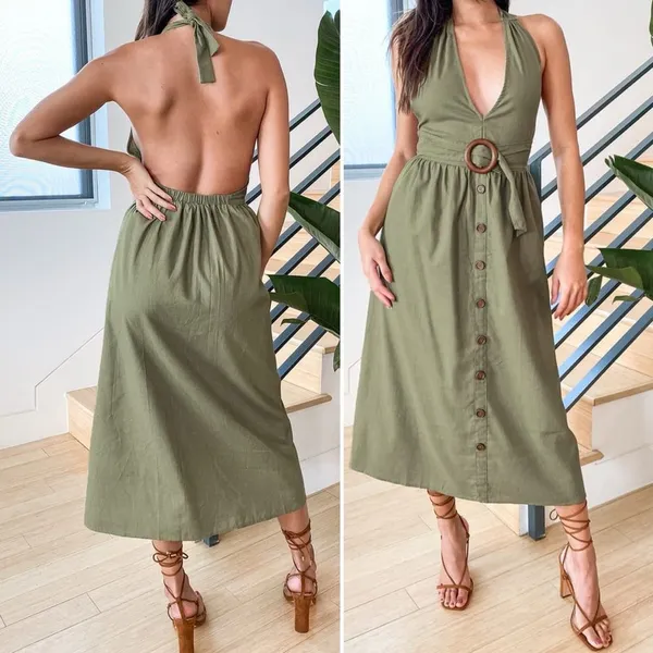 Lulus Feeling the Breeze Olive Green Buttoned Halter Backless Midi Dress Size XS - Image 4