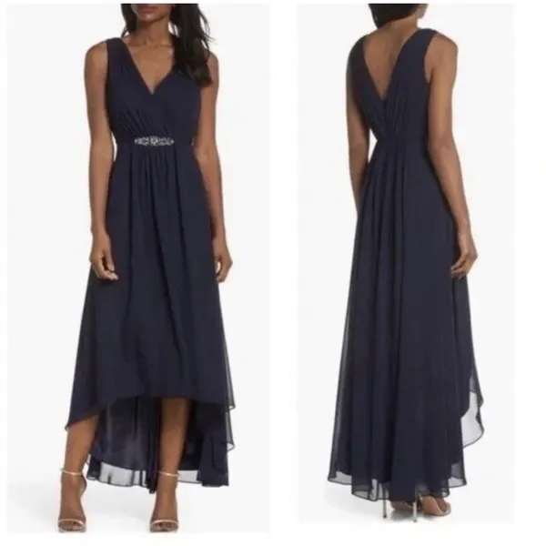 NEW Eliza J High Low Chiffon Rhinestone Embellished Waist Dress Size 8 Navy - Image 2