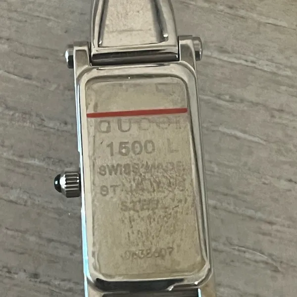 Gucci Silver and Gold Rectangular Watch with Metal Link Band - Image 6