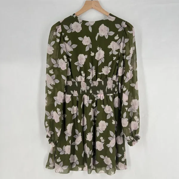 Aritzia‎ Wilfred Wistful Mini Dress Womens M Green Floral Smocked Surplice Neck - Image 10