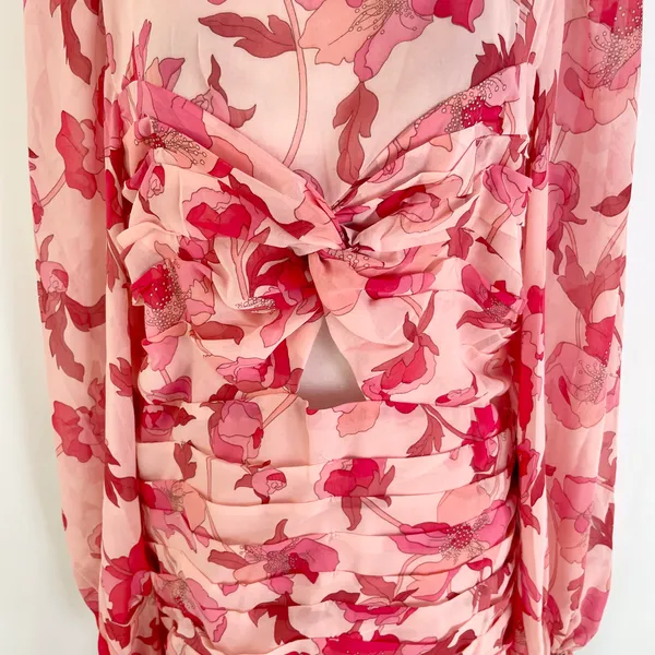 New Floral Print Twist Keyhole Front Long Sleeve Dress Pink Size XL - Image 7