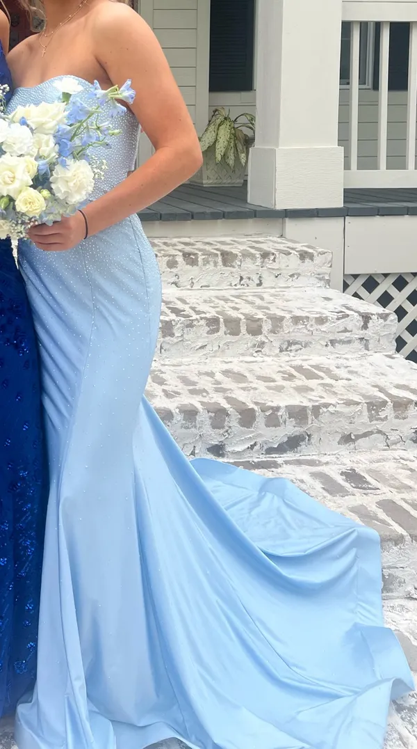 Light blue strapless prom dress with silver sequin. Size XS - Image 3