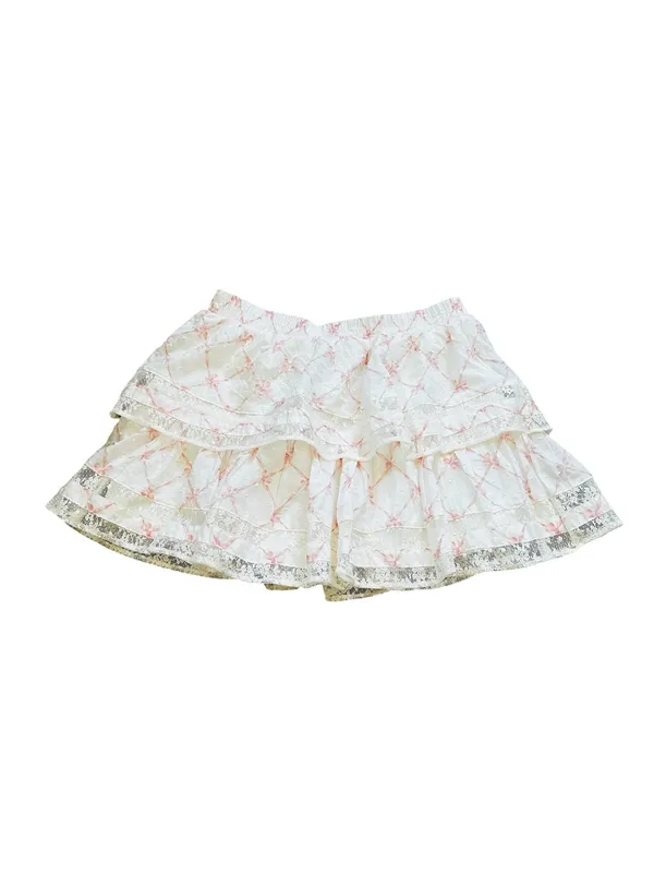 Francesca’s White & Pink Bow Print Ruffle Lace Trim Mini Skirt Feminine Cottage - Image 5