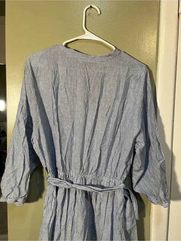 Zara Women's Size Large Mini Shirt Dress Blue White Stripes Crochet Belted Linen - Image 10