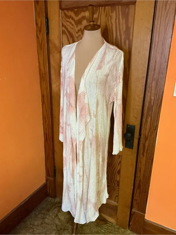POL Long Open Front Duster Cardigan Large Pink Ivory Tie Dye Pointelle Knit Boho - Image 8