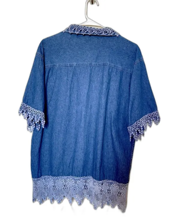 Specialtees Vintage 90s Embroidered Denim Shirt L Button Down Blue Boho - Image 3