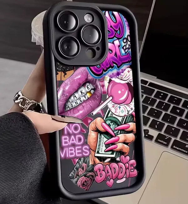 Black & Pink “Baddie” Graphic Phone Case – No Bad Vibes – Fits Select iPhone Pro/Pro Max Models - Image 2