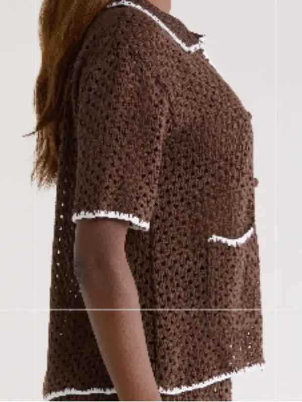 Elan Crochet Button-Up Cover-Up TOP, Brown/White, Size Medium, NWT - Image 3