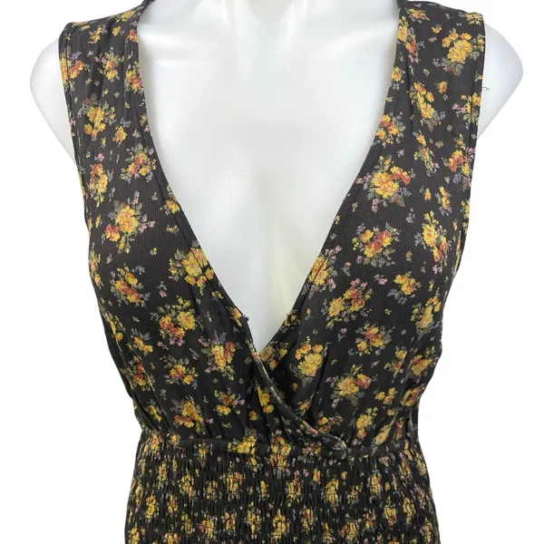 American Eagle Black Multicolor Floral Smocked Sleeveless V-neck Bodycon Dress L - Image 3